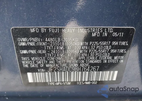 2011 Subaru Forester 2.5X Premium z USA, uszkodzony, nr VIN JF2SHADC9BH764267